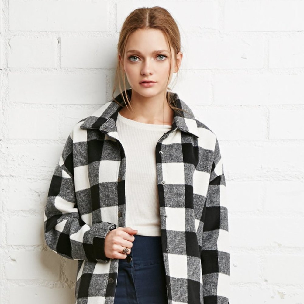 Forever 21 Black, Grey, and White Checkered Winter Coat